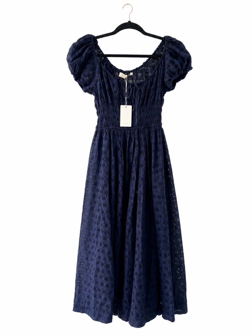 Doen Navy Quinn dress Eyelet Midi with Puff Sleeves